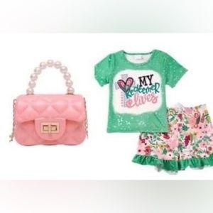 NEW 3PC GIRLS “MY REDEEMER LIVES” T-SHIRT, SHORTS, PURSE. SIZE 6-7 YEARS